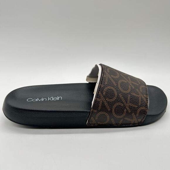 Calvin Klein Slides Womens 5‎ Brown Logo Print Athens Slip On Comfort NEW - Picture 5 of 12